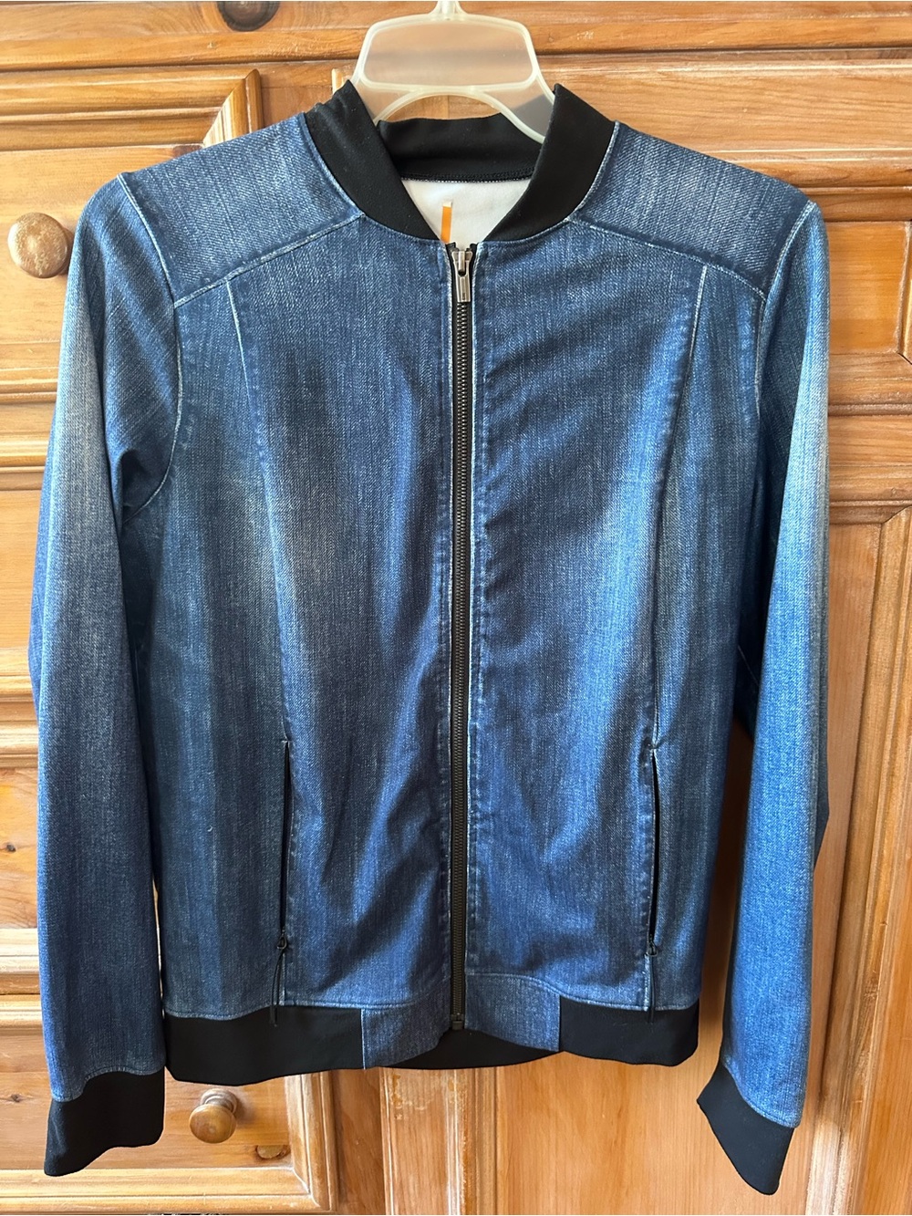 Lucy Blue Denim-Style Bomber Jacket with Black Trim
